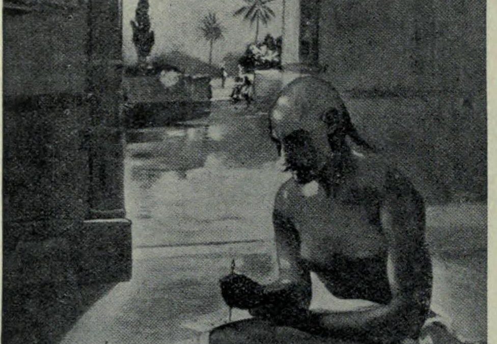 An illustration of Kalidasa seated on a terrace writing, with clouds over the hills beyond