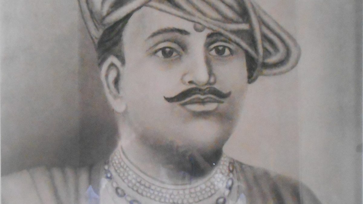 Portrait drawing of Kanhoji Angre in a turban with a moustache and pearl necklaces