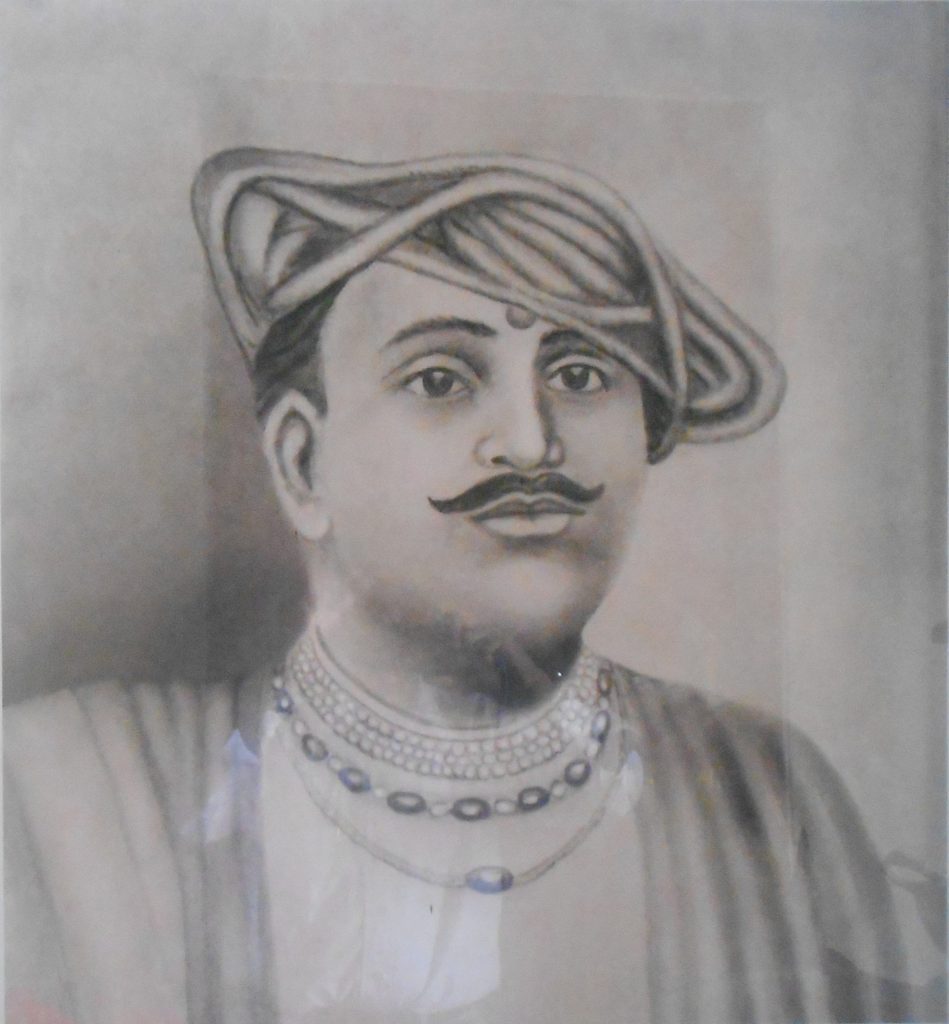 Portrait drawing of Kanhoji Angre in a turban with a moustache and pearl necklaces