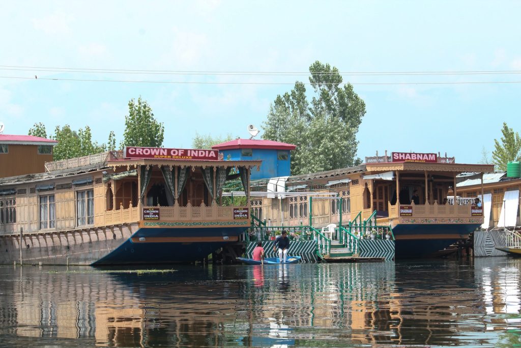 Dal Lake in Srinagar with shikaras in the morning