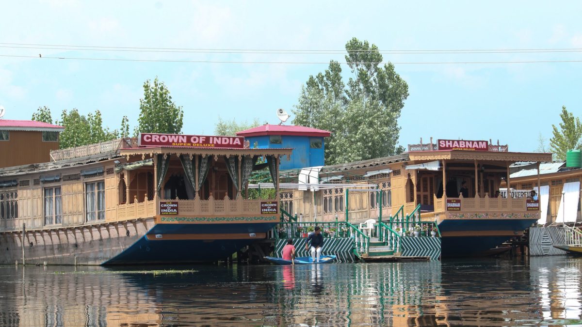 Dal Lake in Srinagar with shikaras in the morning