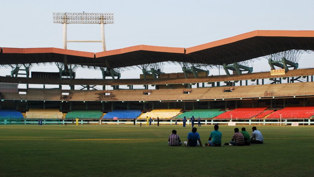 The stands and pitch of the Jawaharlal Nehru Stadium at Kaloor, Kochi