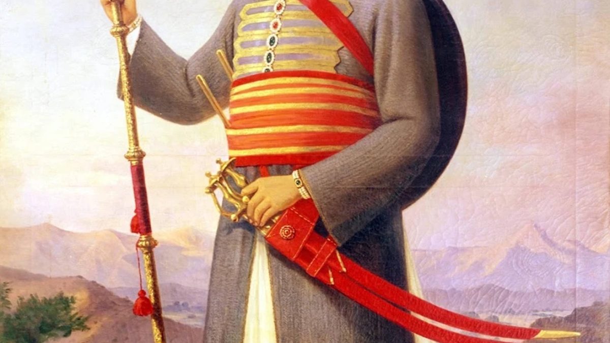 A modern painting of Maharana Pratap in armour holding a spear