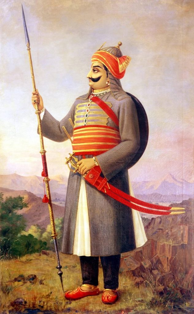 A modern painting of Maharana Pratap in armour holding a spear