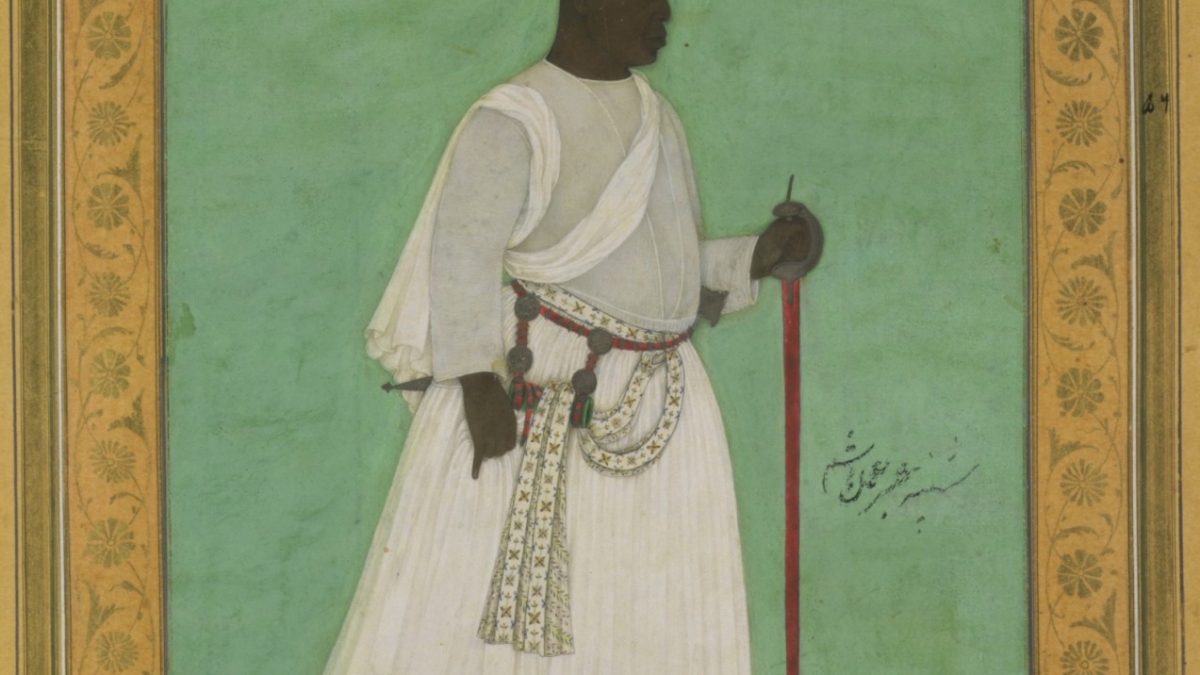 Mughal-style miniature of Malik Ambar standing in white robes holding a staff, on a green ground
