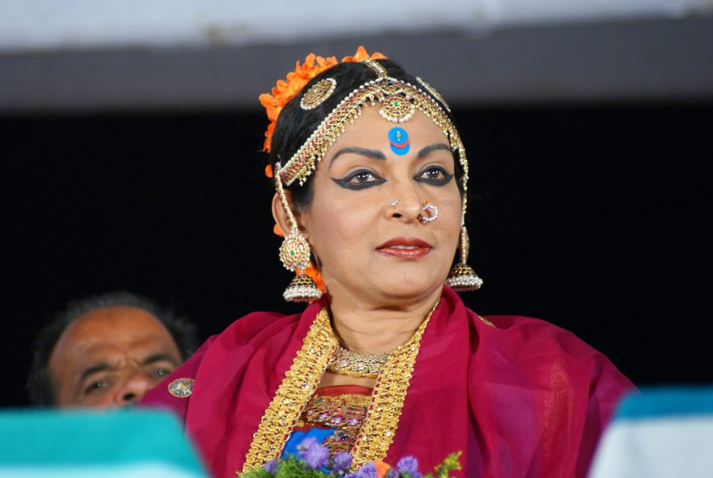 Mallika Sarabhai in classical dance costume, jewellery and make-up