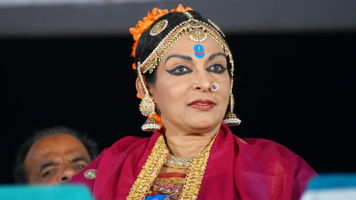 Mallika Sarabhai in classical dance costume, jewellery and make-up