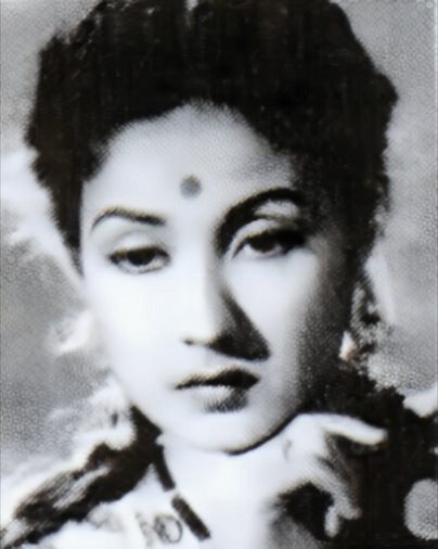 A black-and-white portrait of Meena Kumari