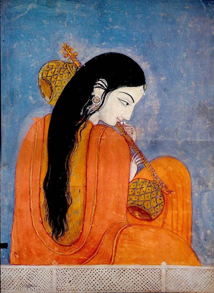 A Kangra painting of Mirabai in an orange robe, her long hair loose, bent over a stringed instrument