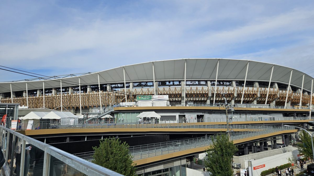 Exterior view of the rebuilt Mizuho stadium in Nagoya during the 2026 Asian Games