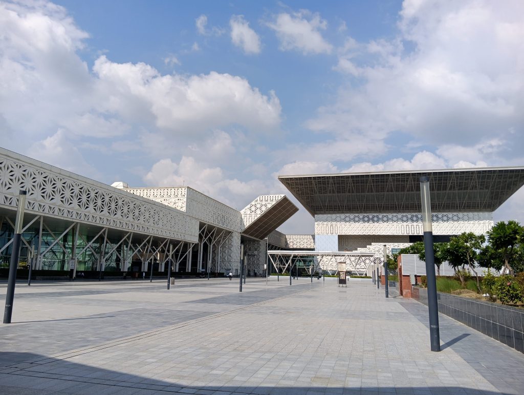 The Yashobhoomi convention centre in Dwarka, New Delhi, seen across its forecourt