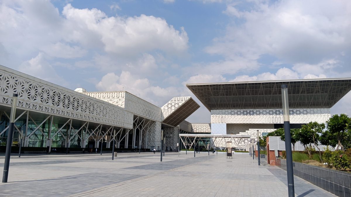 The Yashobhoomi convention centre in Dwarka, New Delhi, seen across its forecourt