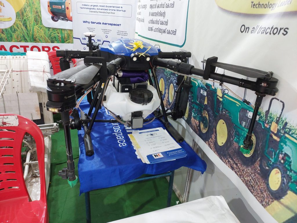 An agricultural drone in flight in Kerala