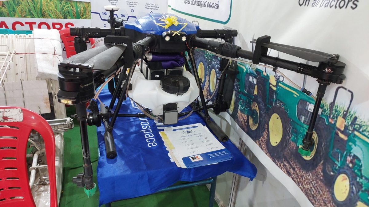 An agricultural drone in flight in Kerala