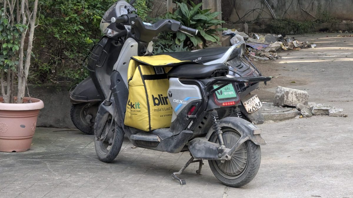 A Blinkit delivery bike in Hitech City, Hyderabad