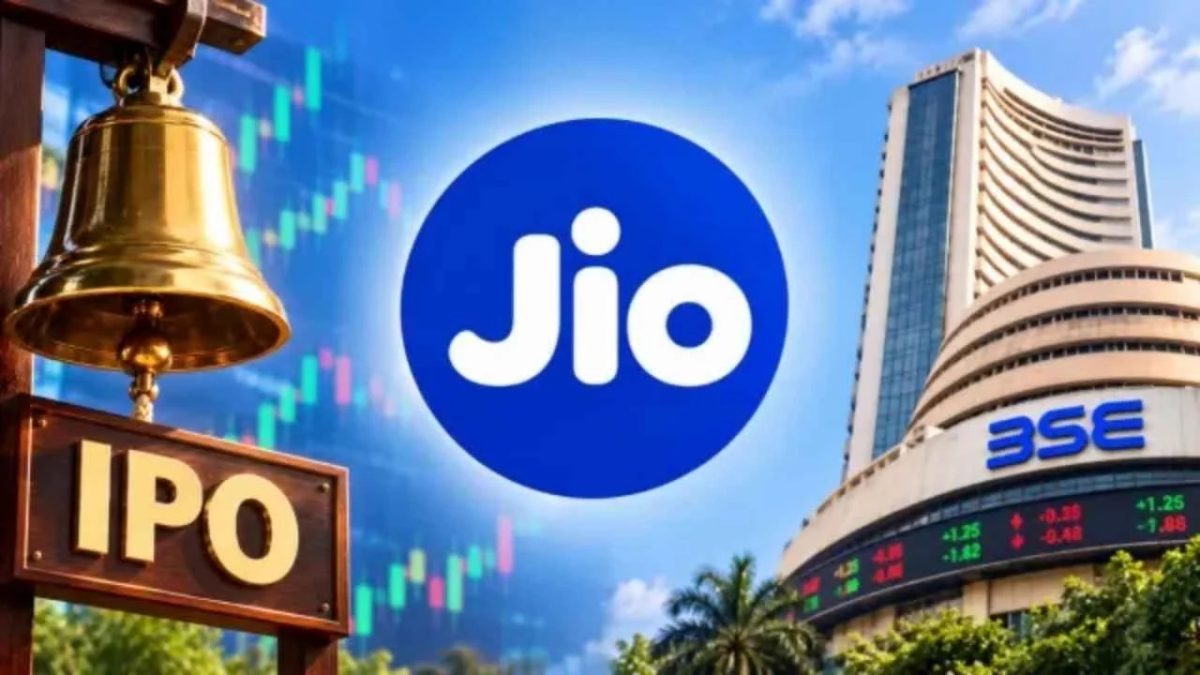 Illustration with the Jio logo between an IPO bell and the Bombay Stock Exchange building