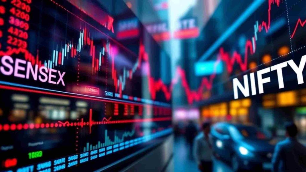 Illustration of stock market charts and ticker screens labelled Sensex and Nifty on a city street