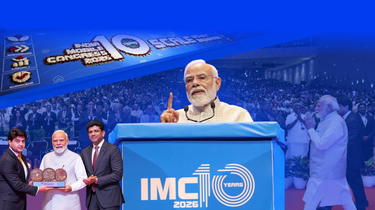Collage from India Mobile Congress 2026 with a floral display of the event name, a speaker at a podium and an award presentation