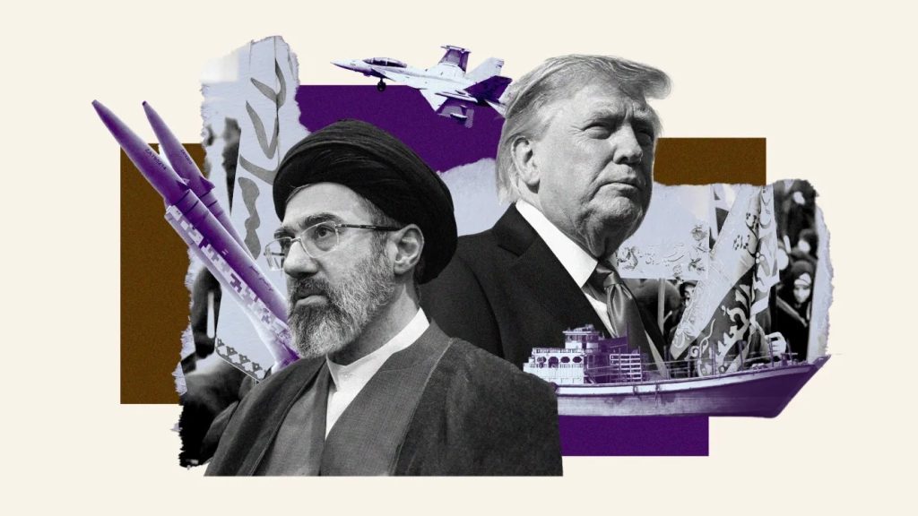 Illustrated collage of two men in suits, missiles, a fighter jet and a boat on a beige and purple background