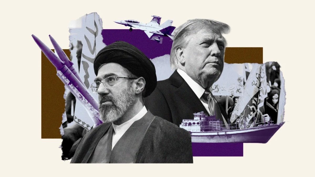 Illustrated collage of two men in suits, missiles, a fighter jet and a boat on a beige and purple background