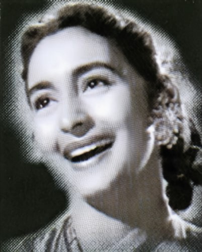 A black-and-white portrait of Nutan smiling