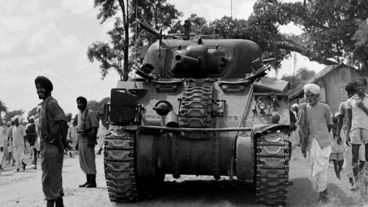 An Indian Army tank and soldiers in Hyderabad state, 1948