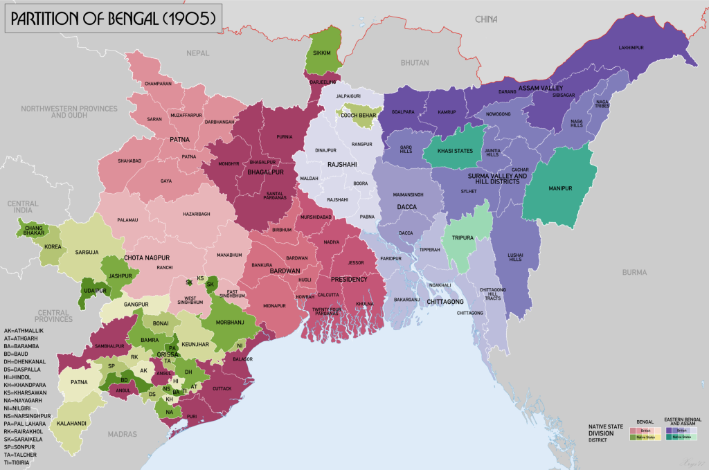 Map of Bengal showing the 1905 partition