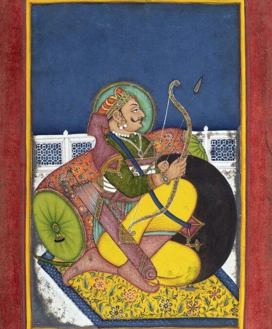 A Rajput miniature painting showing Prithviraj Chauhan seated with a bow
