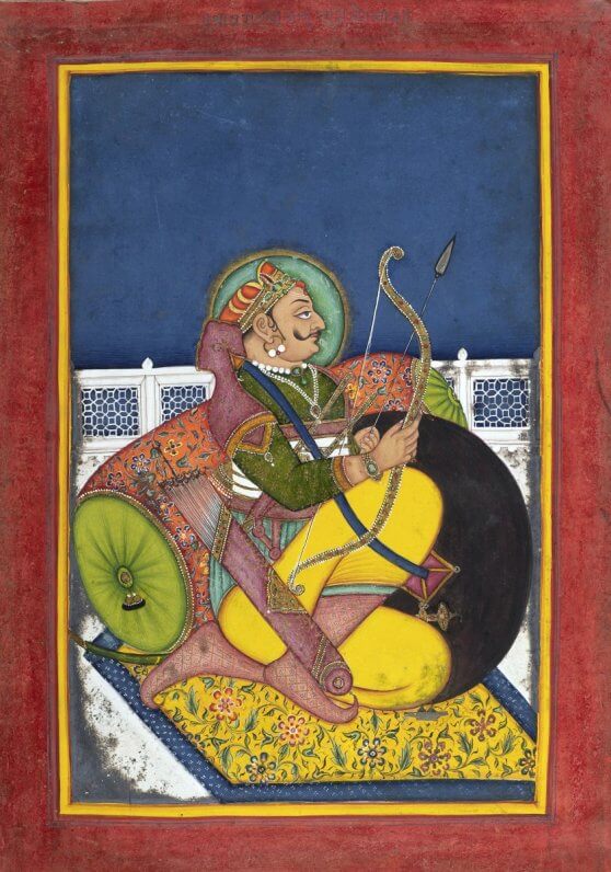 A Rajput miniature painting showing Prithviraj Chauhan seated with a bow