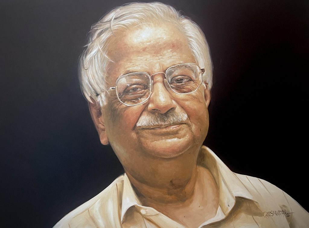 An oil painting of a smiling Raja Ramanna with white hair and glasses