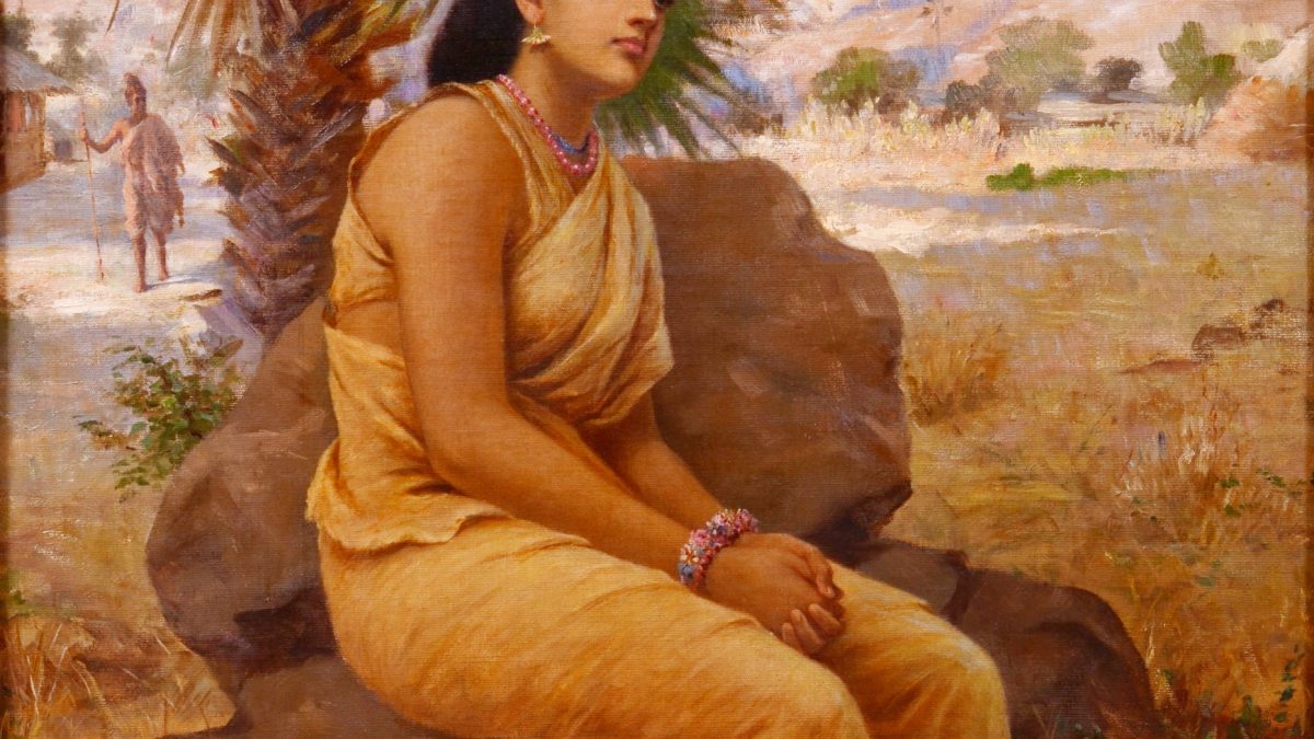 An oil painting of Shakuntala seated beneath a tree, lost in thought
