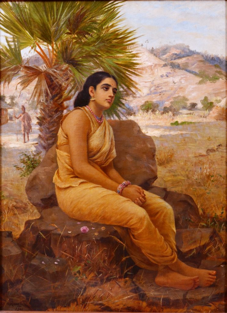 An oil painting of Shakuntala seated beneath a tree, lost in thought