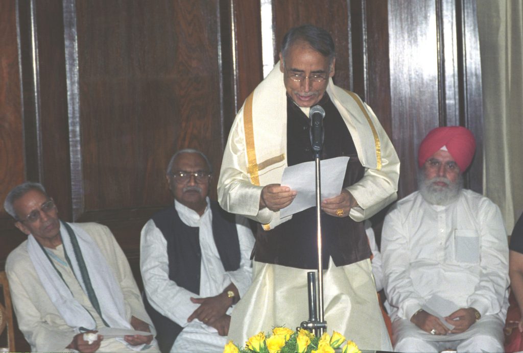 A newly elected Rajya Sabha member taking the oath of office at Parliament House