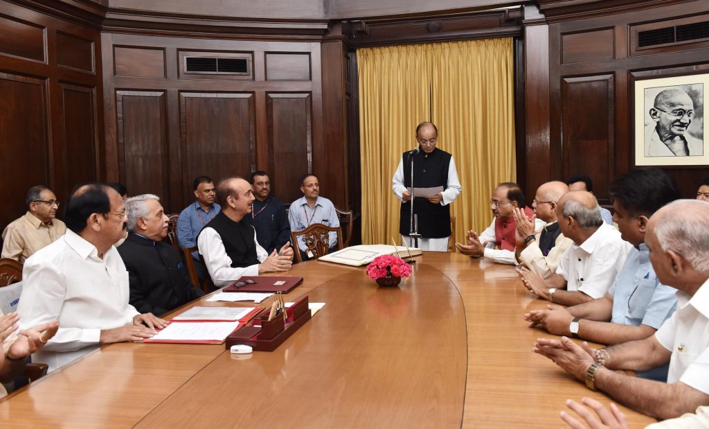 The Rajya Sabha Chairman administering the oath to a newly elected member at Parliament House