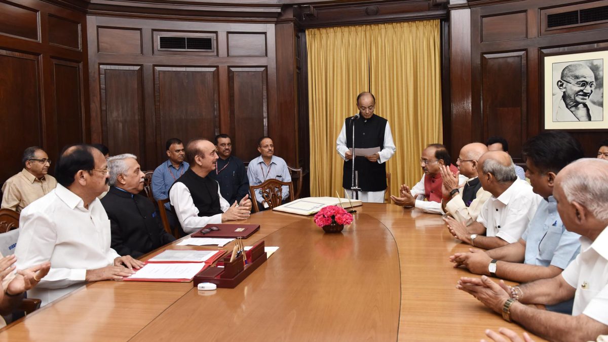The Rajya Sabha Chairman administering the oath to a newly elected member at Parliament House