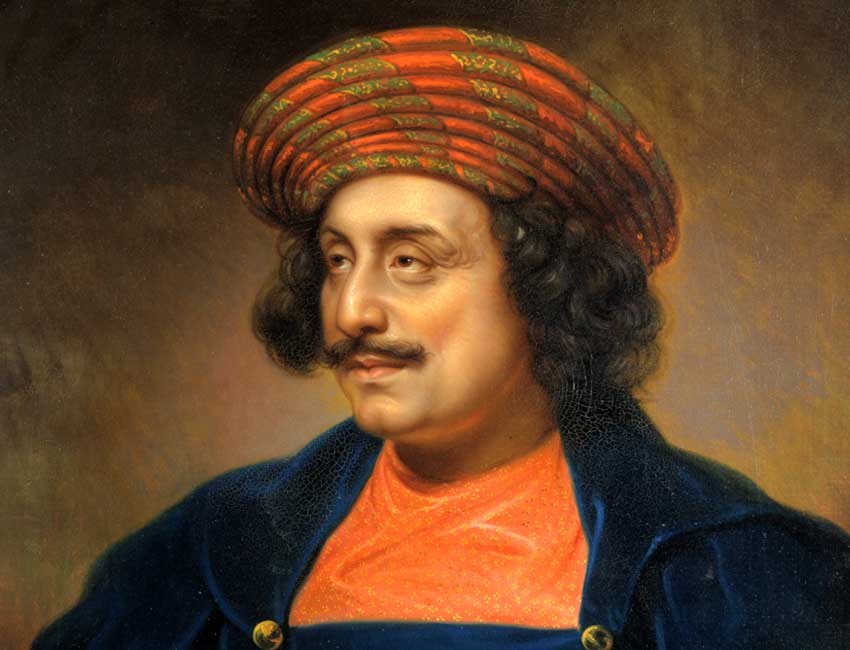 Oil portrait of Raja Ram Mohan Roy in a striped turban and dark blue robe