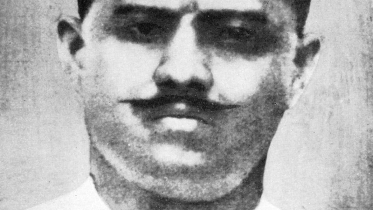 Black-and-white portrait of Ram Prasad Bismil with a moustache, in a white kurta