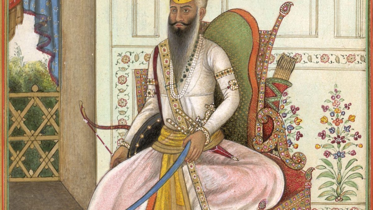 A painted portrait of Maharaja Ranjit Singh seated, with a long white beard