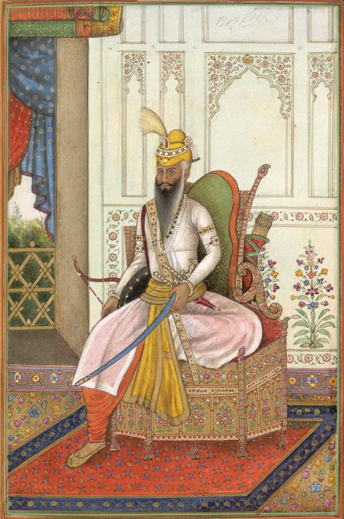 A painted portrait of Maharaja Ranjit Singh seated, with a long white beard