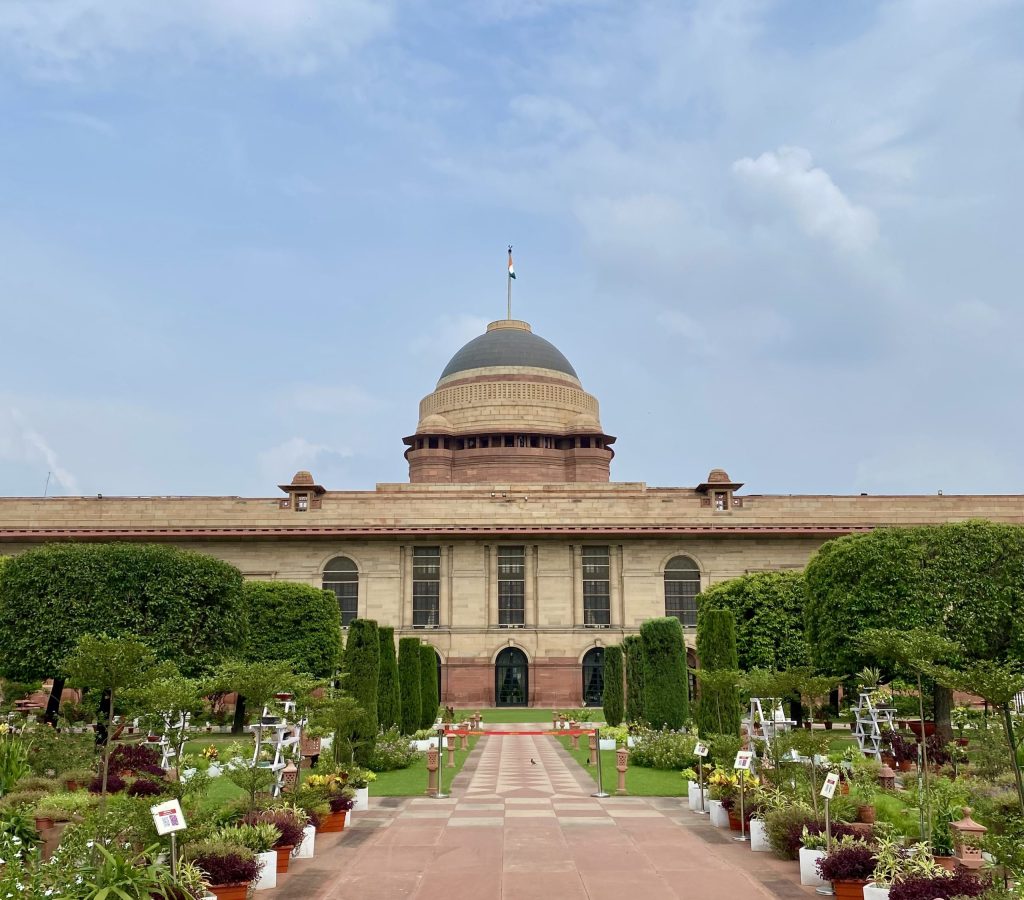 The garden side of Rashtrapati Bhavan with its dome