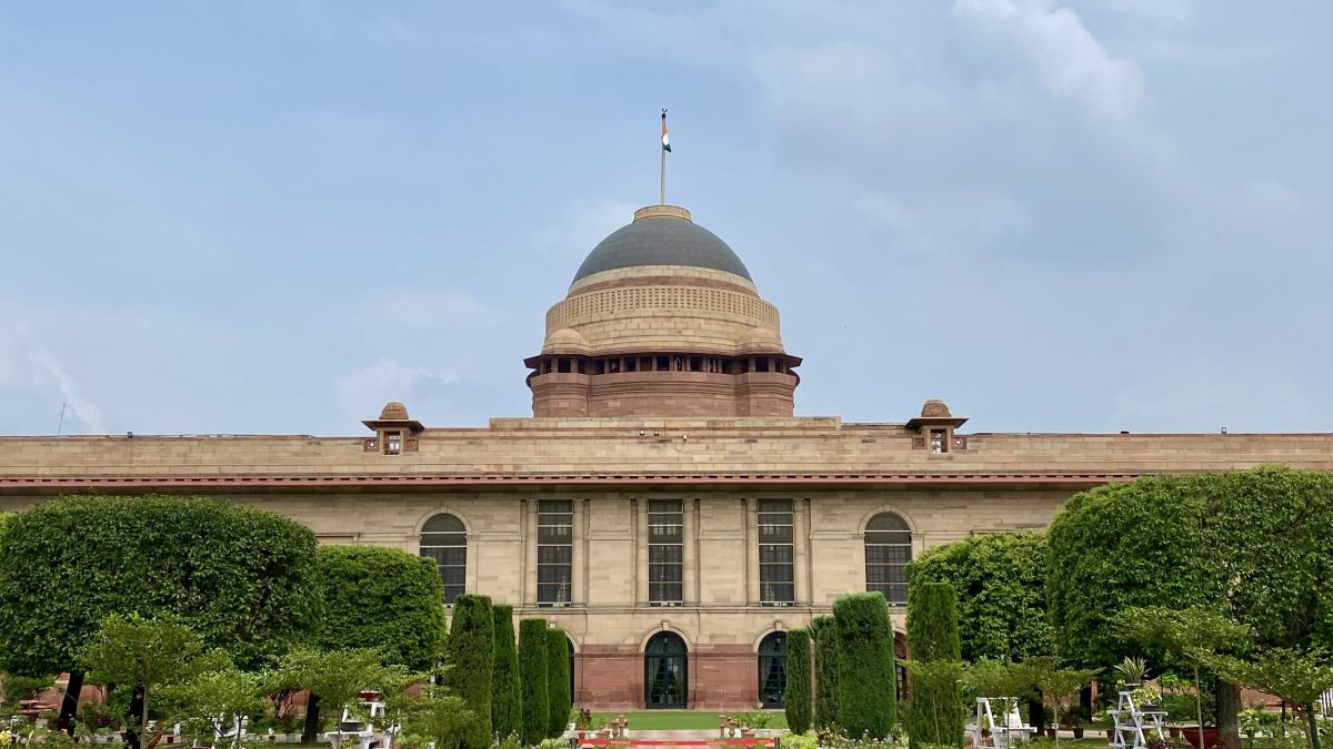 The garden side of Rashtrapati Bhavan with its dome