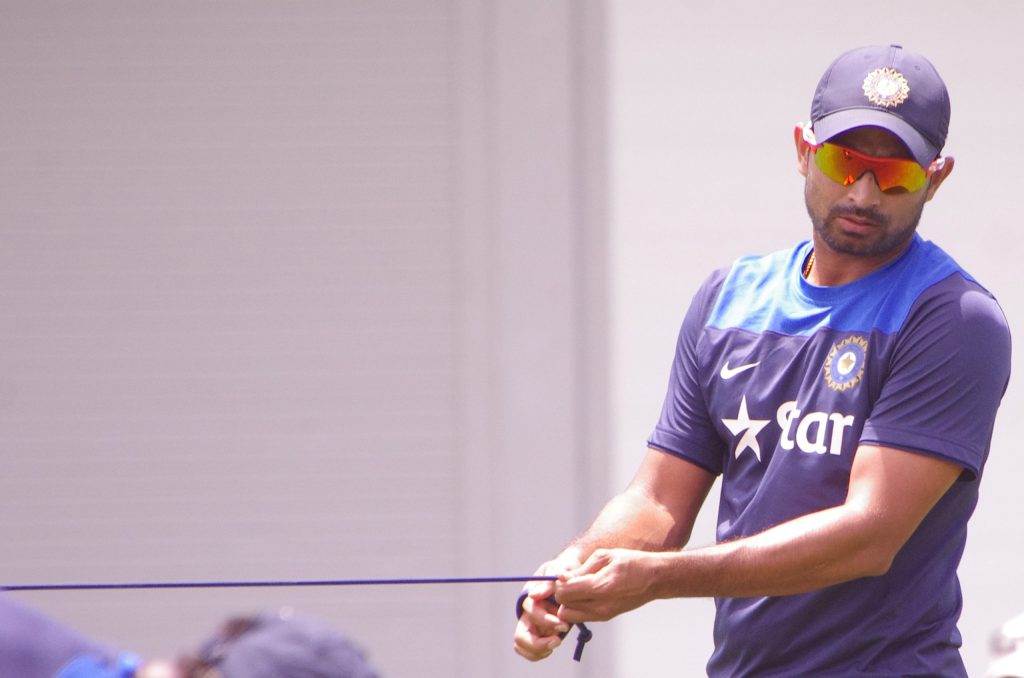 Mohammed Shami adjusting a training cord during an India session in Sydney