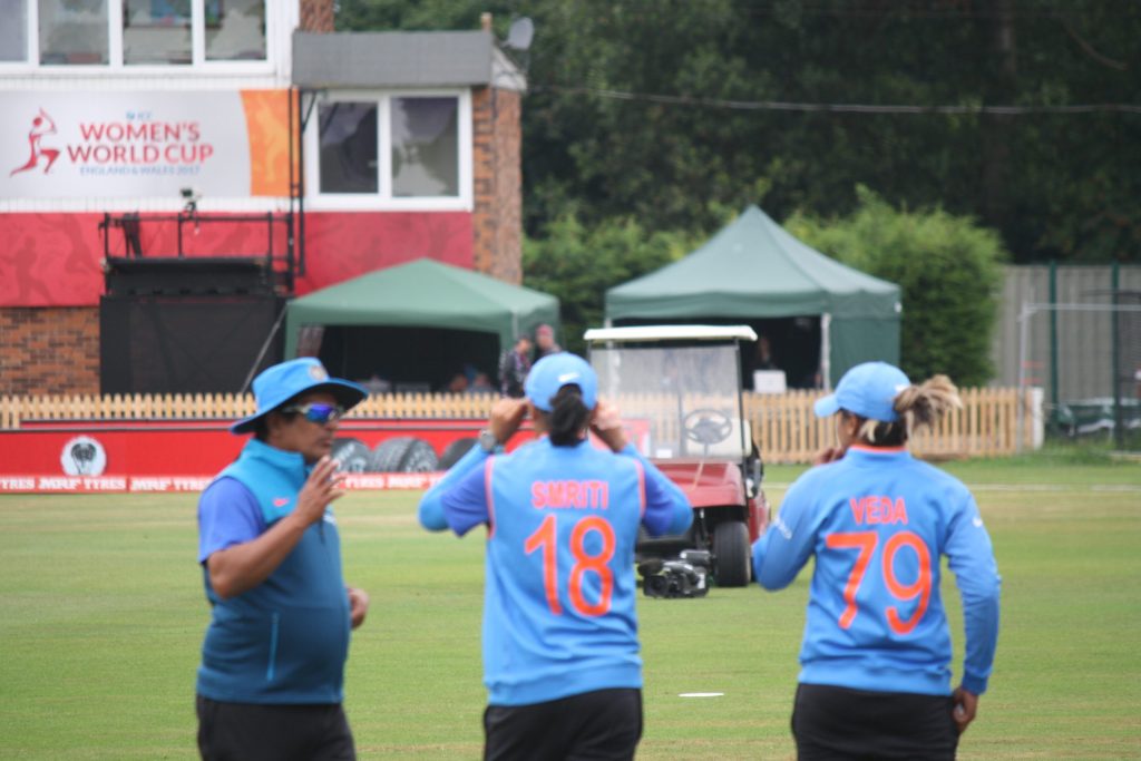 India women's players on the field at the 2017 ICC Women's World Cup