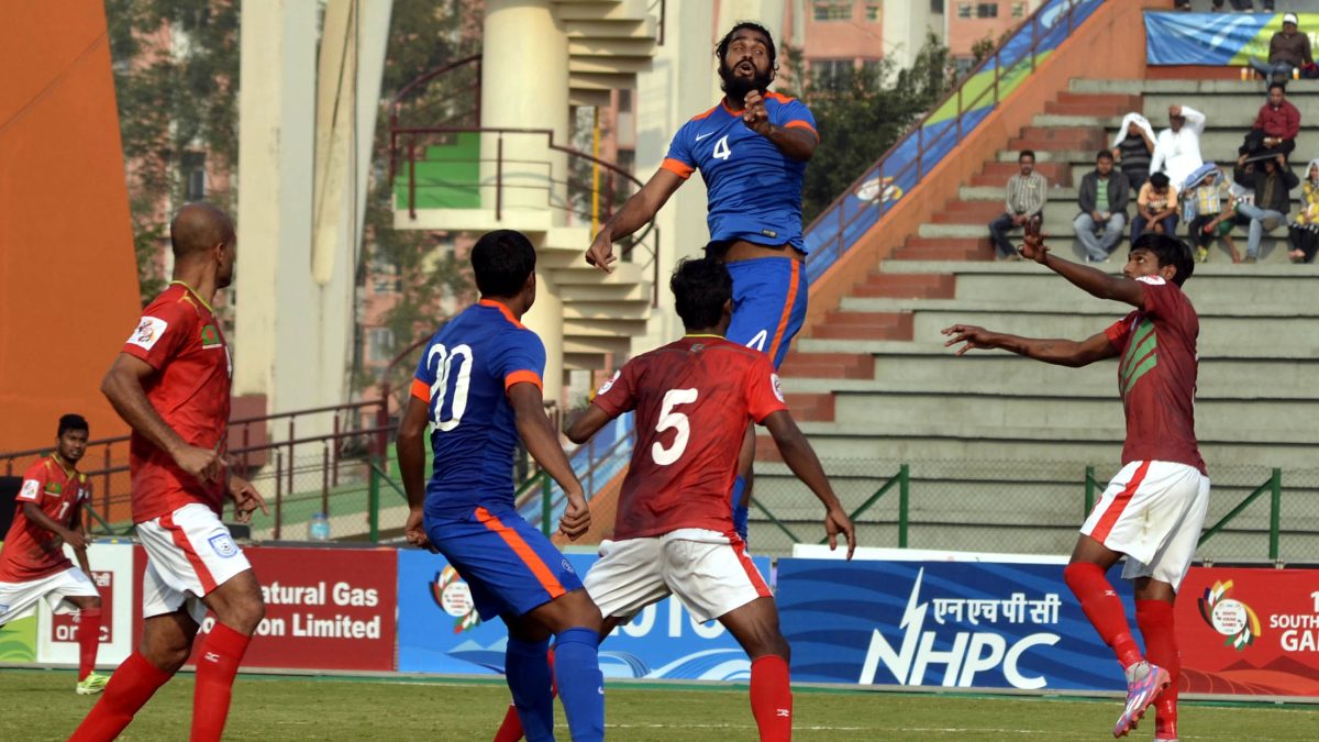 Players of India and Bangladesh in action at the 12th South Asian Games in Guwahati
