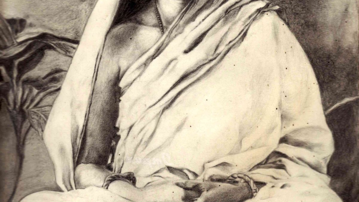 Pencil sketch of Sarada Devi seated cross-legged with her sari over her head