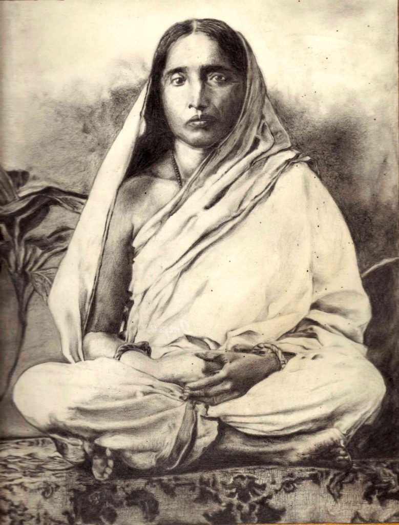 Pencil sketch of Sarada Devi seated cross-legged with her sari over her head