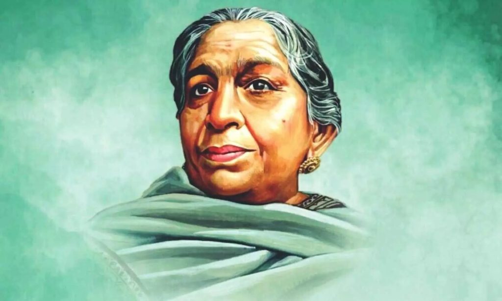 Painted portrait of Sarojini Naidu in a green shawl
