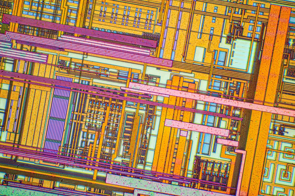 A silicon chip seen under a microscope
