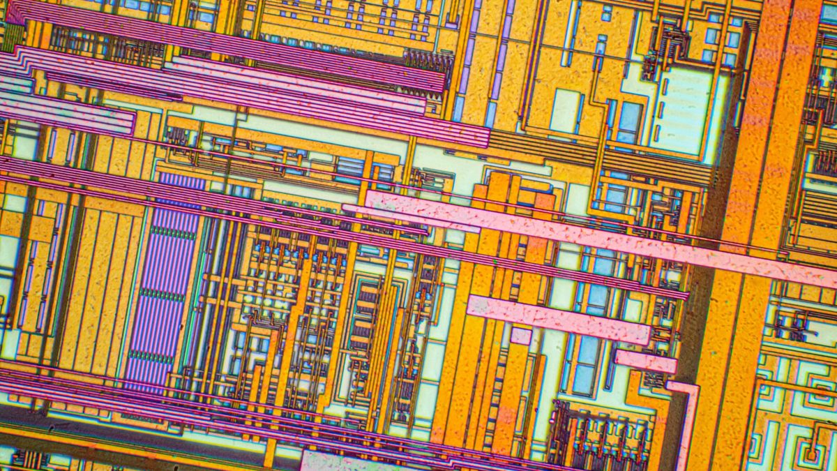 A silicon chip seen under a microscope