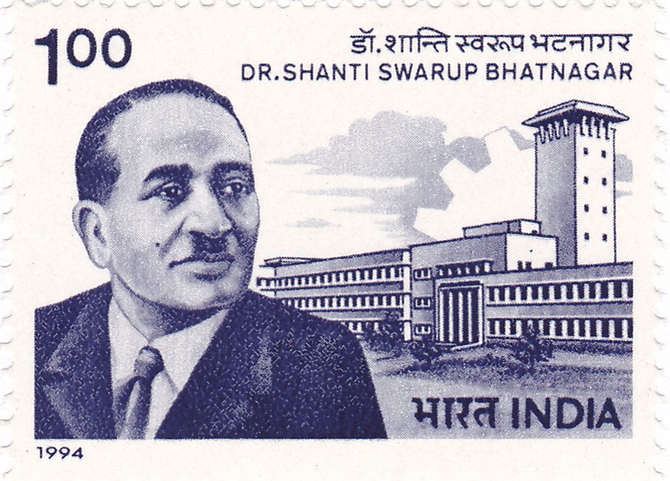 An Indian postage stamp showing Shanti Swarup Bhatnagar beside a laboratory building